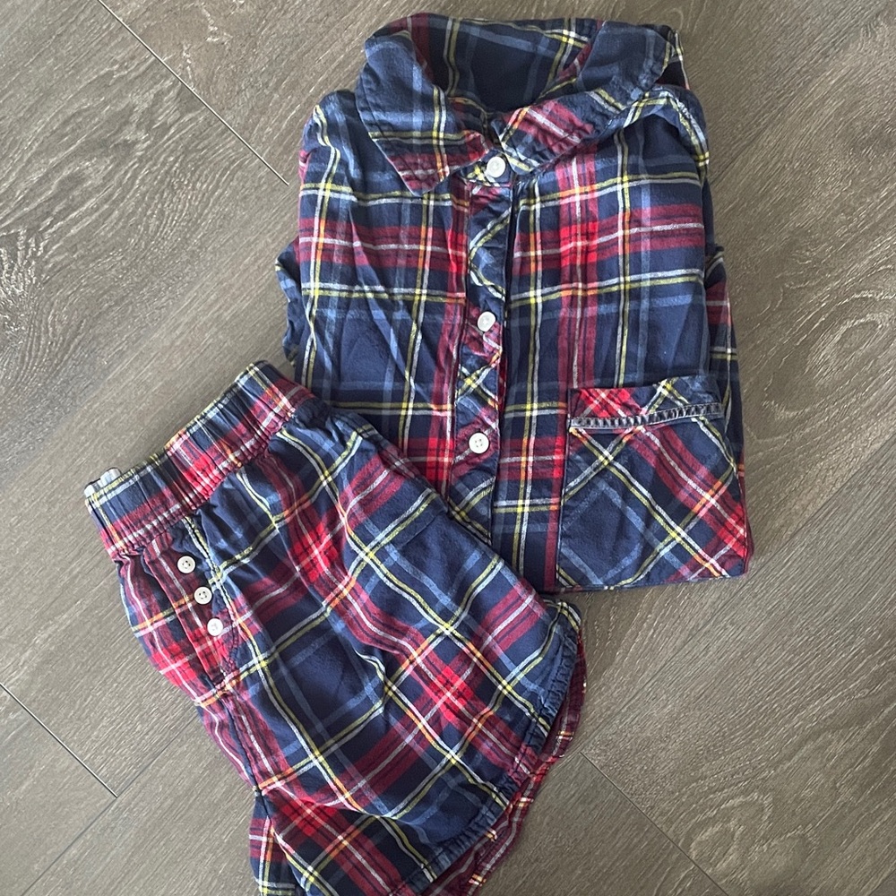 Navy and Red Plaid Pajama Set -shorts and long sleeve